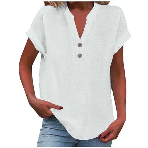 Jmwedia Ladies Tops 2025 Women's Summer Cotton Linen Cap Sleeve T-Shirt Button V Neck Tunic Tops Lounge Baggy Solid Plain Casual Plus Size Shirts Trendy Blouse