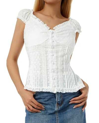 Women Y2K Ruffle Top Casual Solid Color V Neck Cap Sleeve Button Down Slim Fit Frill Shirts Summer Fairy Grunge Babydoll Blouse