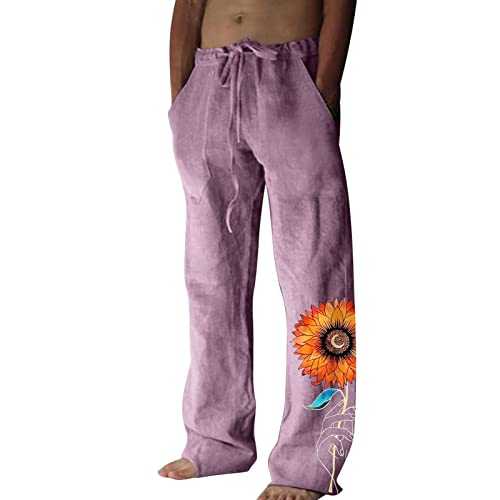 HELLORSOON Mens Linen Trousers Loose Fit,Yoga Beach Pants Summer Trousers for Men UK Casual Loose Fit Drawstrings Elasticated Waist Lightweight Summer Beach Pant Mens Jogging Bottoms Men Clothes