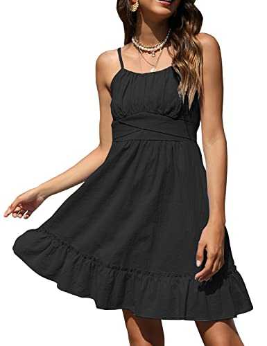 ROYLAMP Women's Summer Spaghetti Strap Dress Casual Wrap Sleeveless Backless Ruffle Hem Swing Mini Dresses with Pockets