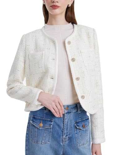 GOELIA Tweed Cropped Blazer Jacket for Women Open Front Long Sleeve Slim Fit Business Casual Blazer