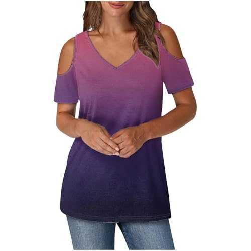 Cold Shoulder Tops for Women UK Summer V Neck T-Shirts Trendy Printed/Solid Tee Shirts Baggy Short Sleeve Tunic Top Business Casual Dressy Blouses Elegant Ladies Top Tshirt