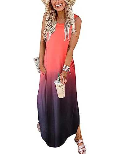 Women's Loose Sundress Long Dress Sleeveless Split Maxi Dresses Summer Beach Dress with Pockets