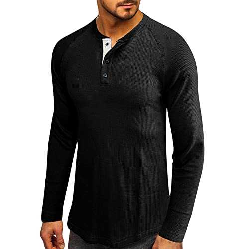Mens Henley Shirts Men's Business Leisure Top Blouse Solid Long-Sleeved Shirts Button Fashion Top Blouse Casual Loose Top Shirt Polo T Shirts for Men UK Christmas Jumper Sale Clearance