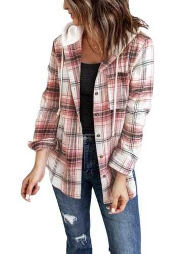 LACOZY Womens Flannel Checked Shirts Hoodies Long Sleeve Oversized Buffalo Plaid Sweatshirt Button Down Jacket Sweater