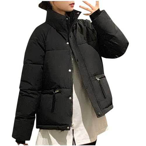 RIKAY Winter Puffer Jacket for Womens UK Short Parka Coat Long-Sleeve Stand Collar Puffy Down Coat with Zipper Pockets Outdoor Cold Warm Windproof Cardigan Overcoats Ladies Cropped Coats