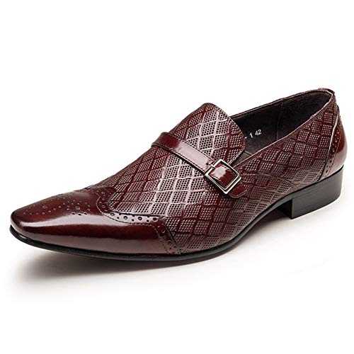 Rui Landed Business Oxford for Men Formal Carving Brogue Loafer Slip On Style Premium Genuine Leather Grid Eembossed Texture Metaldecor Pointed Toe Low Top
