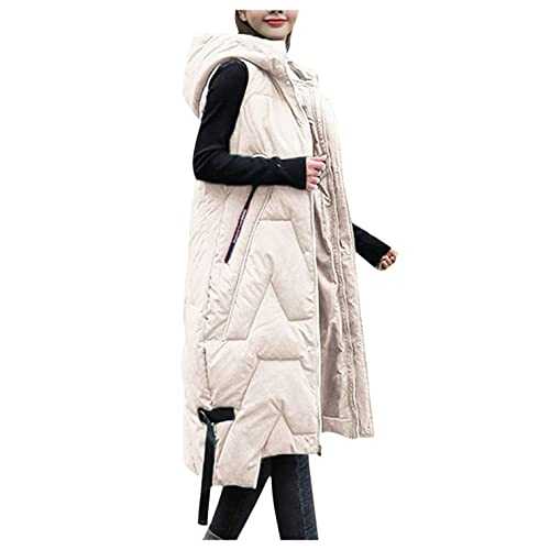 Lulupi Womens Long Gilets Longline Hooded Quilted Gilet Vest Ladies Solid Color Body Warmer Zip Up Sleeveless Down Jacket Coat Parka Outwear