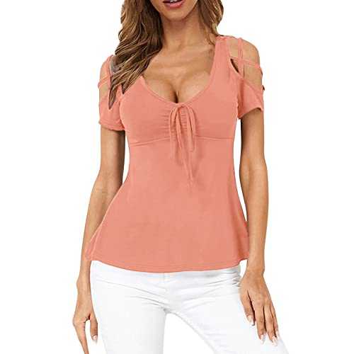 Women's V-Neck Shirt, Summer Blouse, Short Sleeve Tops, Strappy Cold Shoulder T-Shirt Tops, Blouses, Glitter Top