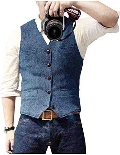 AeoTeokey Men's Vintage Suit Tweed Vest Herringbone V Neck Dress Waistcoat Wool Groomsmen