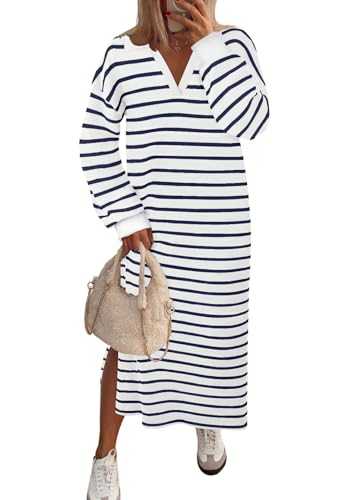 MEROKEETY Women's 2024 Fall Long Sleeve Striped Dress V Neck Collared Side Slit Casual Maxi Dresses