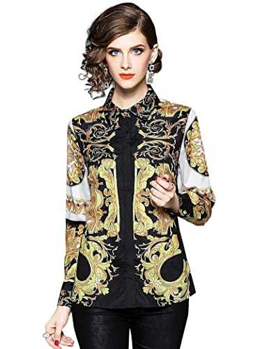 Women's Baroque Print Shirt Regular Fit Long Sleeve Button up Casual Blouse Top