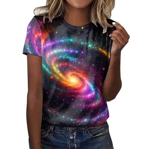 Women's T-Shirt Galaxy Starry Sky Pattern Crew Neck Loose Short Sleeve Top Fishing Net Costume Women Crew Neck T Shirt Women Short Sleeve Cotton