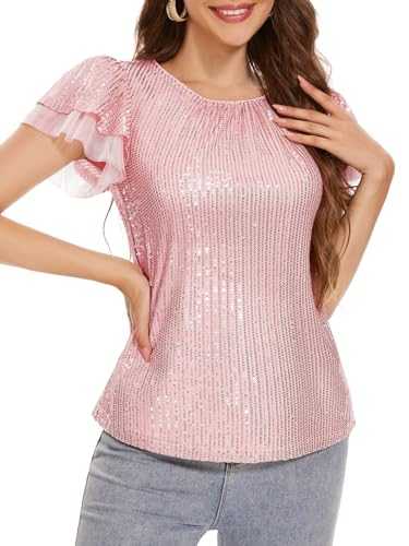 Fynadressr Women Sparkly Sequin Tops Elegant Party Club Glitter Blouse Short Sleeve Sequin Dressy Tops