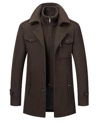 Men's Wool Blend Jacket Single Breasted Slim Fit Thick Winter Windproof Pea Coat with Removable Scarf