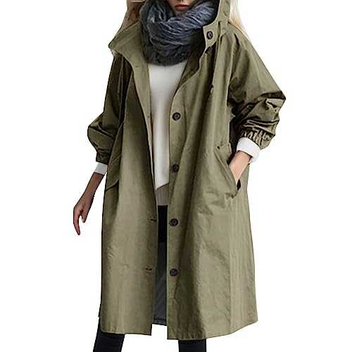 Trench Coats For Women Uk Winter Jackets Solid Color Plus Size Windproof Hooded Outerwear Casual Plus Size Lightweight Button Medium Long Jackets Anorak Leisure Coats Overcoat Cardigan Parka Jacket