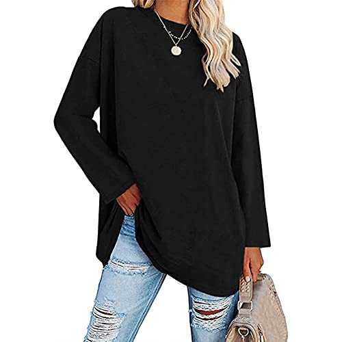 Famulily Women's Basic Round Neck Long Sleeve Cotton T Shirts Solid Color Comfy Loose Tunic Tee Shirts Tops