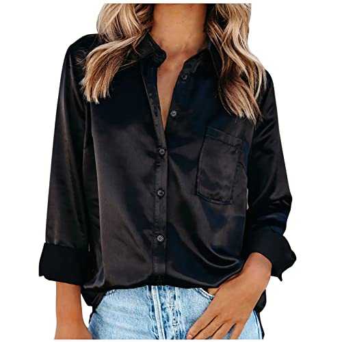 Women Satin Shirt UK Sale,Button Down Long Sleeve Tops Ladies Collared Solid Silk T Shirt Elegant Work Office Business Casual Blouse Blouses & Shirts Ladies UK Clearance Size 8-16