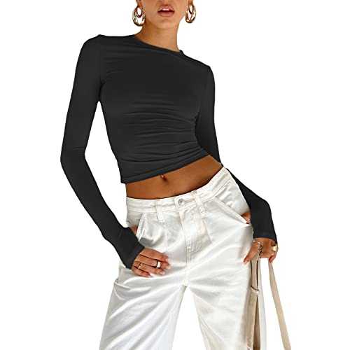 OYIGELZ Women's Basic Long Sleeve Shirt Crop Top Y2K T-Shirt Slim Fit Casual Tee Tops Streetwear