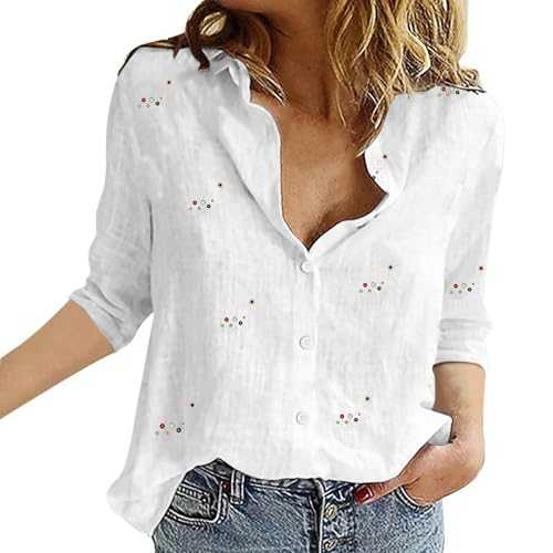YWLINK Cotton Linen Tops for Women Summer Ladies 3/4 Sleeve Blouses V Neck Oversized Button Down T-Shirt Lightweight Loose Casual Shirts Trendy Basic Tees