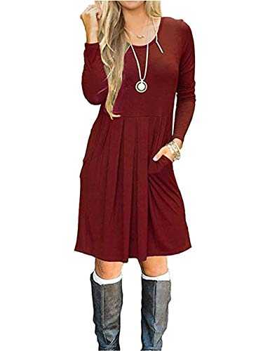 AUSELILY Women's Long Sleeve Pleated Loose Swing Casual Dress with Pockets Knee Length