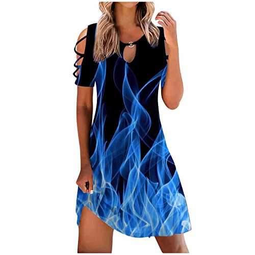 AMhomely Women Dress Sale Clearance Casual Slimming Draw Back Printed Short Sleeves Cold Shoulder Dress UK Ladies Dress Party Elegant Beach Dress Club Cocktail Work Dresses Evening Gowns