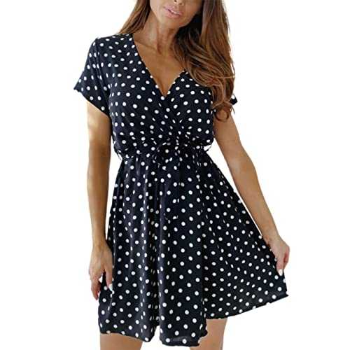 AMDOLE Sundress Women Casual Short Sleeve Printed Polka Dot Lace Up Dress Women Summer Business Casual Dress for Women