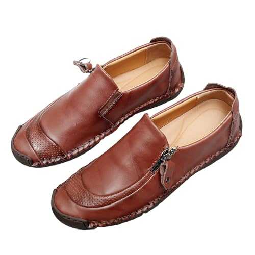Moccasin Men's Lightweight Leather Shoes Flat Sole Casual Shoes without Laces Boat Shoes Oxford Loafers Round Toe Driving Shoes Comfort Slip Business Casual Shoes Breathable Outdoor Shoes