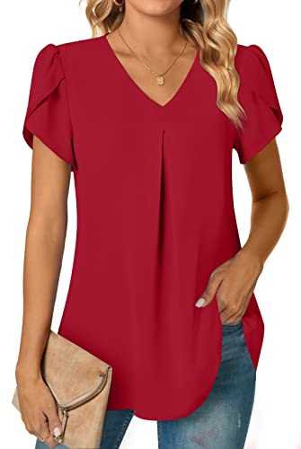 Anyally Womens Summer Dressy Chiffon Blouses V Neck Short Sleeve Tunic Tops for Leggings Casual T-Shirts