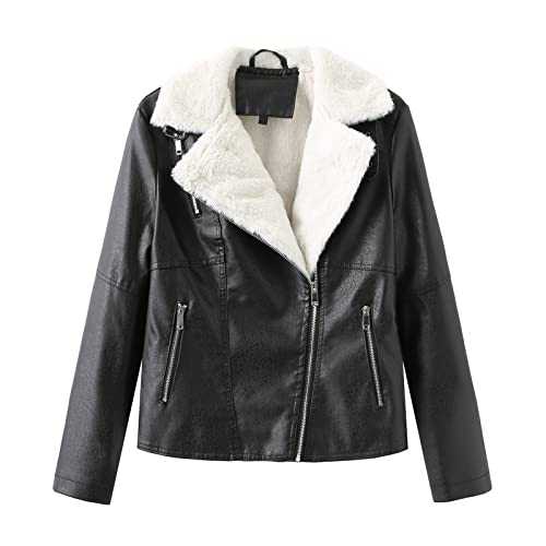 HAOLEI Women Leather Fur Lined Jacket Winter Warm Zipper Asymmetric Casual Short Coat Motorcycler Biker Trucker Jacket