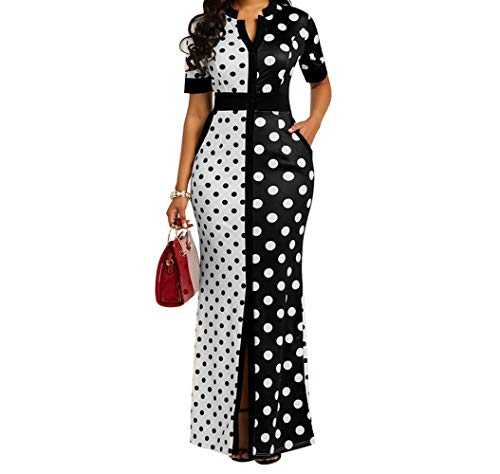 VERWIN Polka Dot Print Pocket Short Sleeve Bodycon Dress Maxi Dress