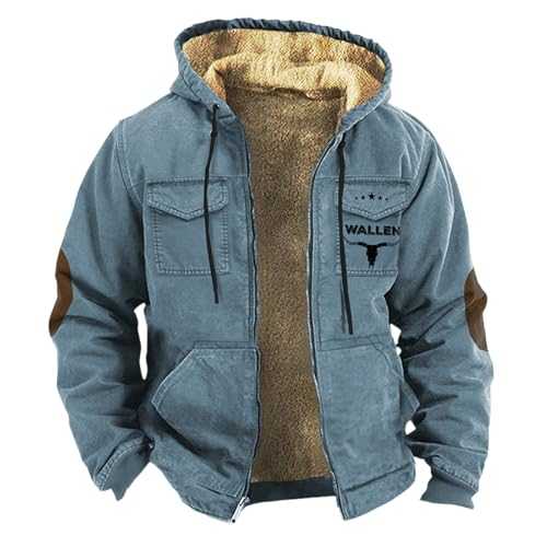 Cocila Men's Winter Plus Velvet Thickened Double Pocket Western Cowboy 3D Printed Hooded Brown Warm Cotton Jacket Puffy Coat for Men Mens Military Schott Leather