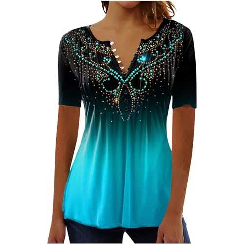 Ladies Summer Tops V Neck Womens Tunic Casual Henly Shirts Holiday Holiday Clothes for Women UK Short Sleeve Tshirts Women UK Button Up Longline Loose Fit Gradient Women's Blouses & Shirts