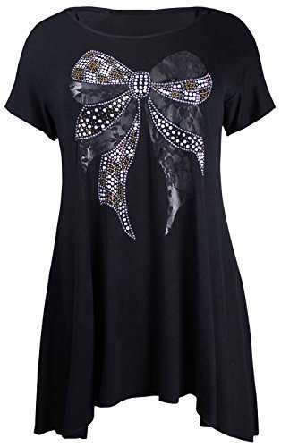 Purple Hanger Womens New Sequin Lace Bow Ladies Short Sleeve Round Scoop Neckline Dip Uneven Shaped Hemline Top T-Shirt Top Plus Size