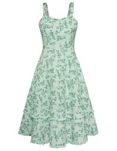 Belle Poque Women Floral Midi Dress Vintage 50's Sleeveless Ruffle A Line Dress