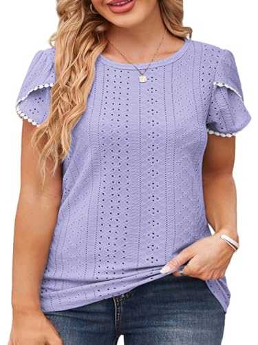 VISLILY Womens-Plus-Size-Summer-Tops Lace Trim Petal Short Sleeve T Shirts Casual Crewneck Eyelet Tunics Blouses Tee XL-5XL