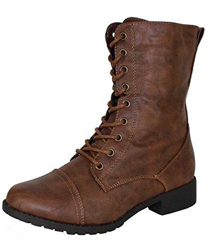 Forever Link Womens Round Toe Military Lace up Knit Ankle Cuff Low Heel Combat Boots