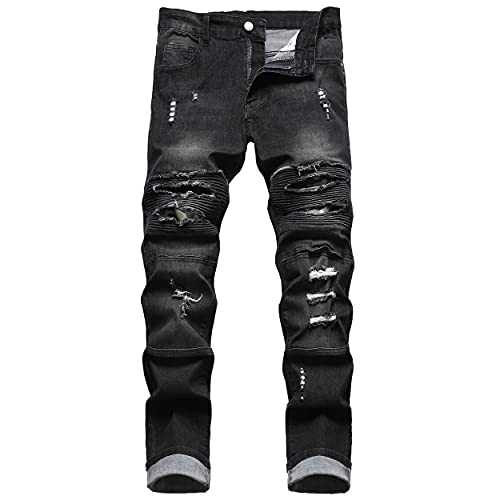 QIMYUM Men's Distressed Slim Fit Biker Jeans Stretched Moto Denim Pants