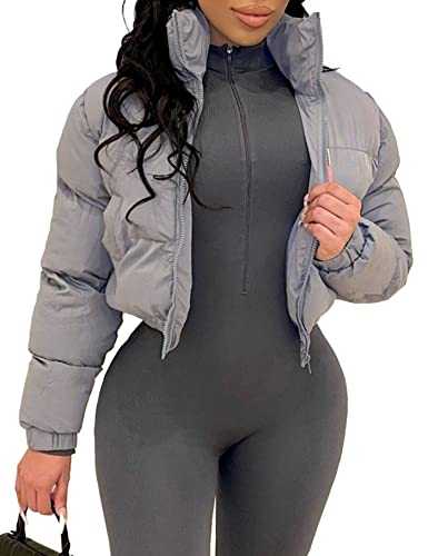 Wyeysyt Women's Metallic Y2K Cropped Puffer Jacket Quilted Shiny Winter Bubble Padded Puffy Jacket Stand Collar Zip Up Coat