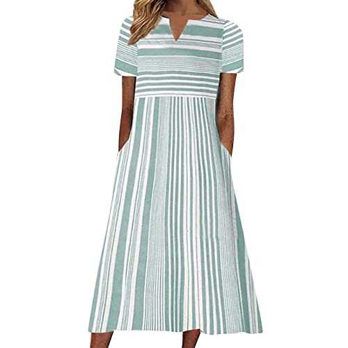 AMDOLE Eyelet Dress Women Dress for Women Fashion Casual V Neck Short Sleeve Stripe Print Sling Dress with Packet Casual Long Maxi Dress Dresses for Summer