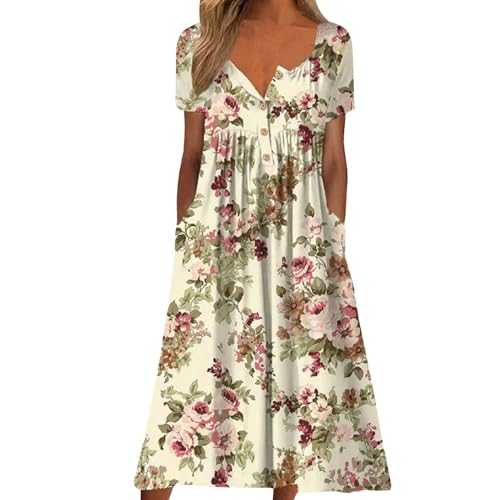 Women's Floral Print Short Sleeve Dress Casual Round Neck Button Pockets Long Beach Dresses Womens Summer Wrap Dress Long Dresses for Women UK Elegant Womens Dresses Size 16 Mandarin Collar Dress