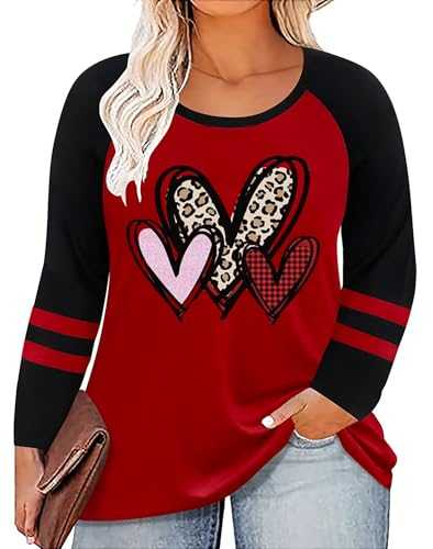 Plus Size Valentines Shirt for Women Cute Love Heart Graphic T-Shirt Long Sleeve Shirts for Her