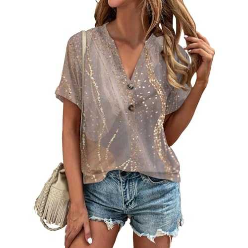 Women's Short Sleeve Tee Trendy Button 2024 Shirt Striped Loose Tshirt Slim V Neck Blouse Plus Size Tops