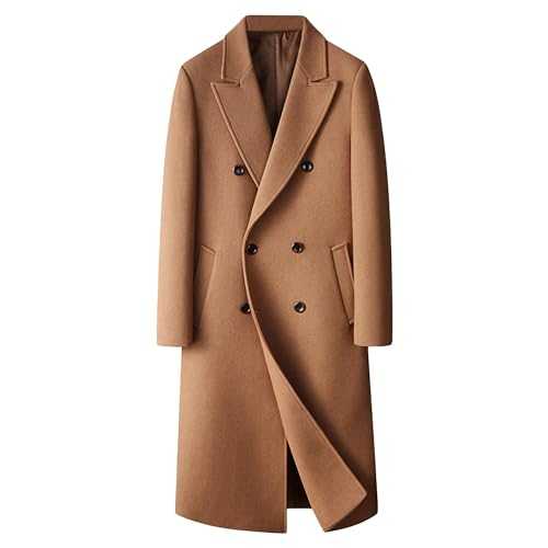 JEKE-DG Men's Wool Blend Pea Coat Notched Collar Double Breasted Overcoat Winter Warm Long Trench Coat