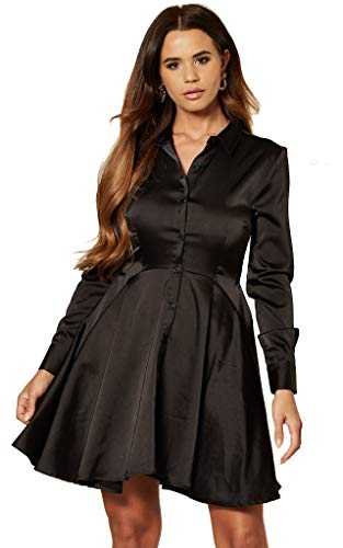 UNIQUE21 Women Luxe Satin Shirt Dress - Ladies Casual Work Office Long Sleeve Blouse Mini Dress (14, Black)