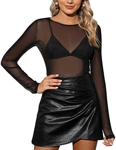 Tuopuda Women Long Sleeves Sheer Mesh Tops Black Stretchy Sheer T Shirts See Through Slim Fit Mesh Crew Neck Blouse
