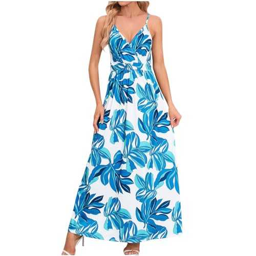 RLEHJN Boho Dresses for Women UK Spaghetti Strappy Summer Dresses V Neck Floral Maxi Dresses Beach Holiday Sundresses Sleeveless Long Tunic A Line Dresses Casual Camis Size 6-14