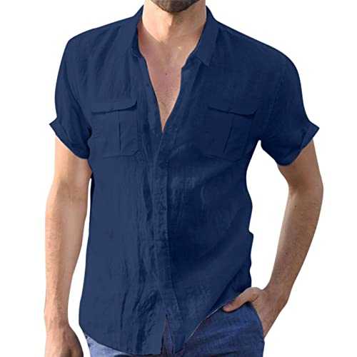 Mens Linen Shirts Short Sleeved Casual Regular Fit Cotton Shirt Button Down Hawaiian Shirt with Two Pockets Lightweight Lapel Solid Color Shirt Top Summer Breathable Classic Fit Beach Shirts