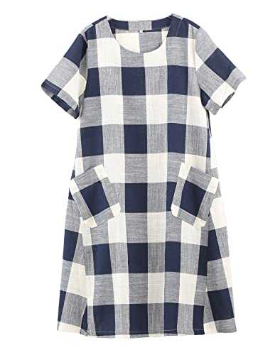 FTCayanz Women's Linen Shirt Dresses Summer Casual Short Sleeve Plaid Tunic Midi Dress