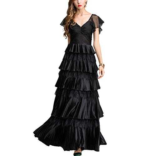 GCC Women's Cake Long Dress Vintage V-Neck Lace Stitching Pleated Party Dress Black-L